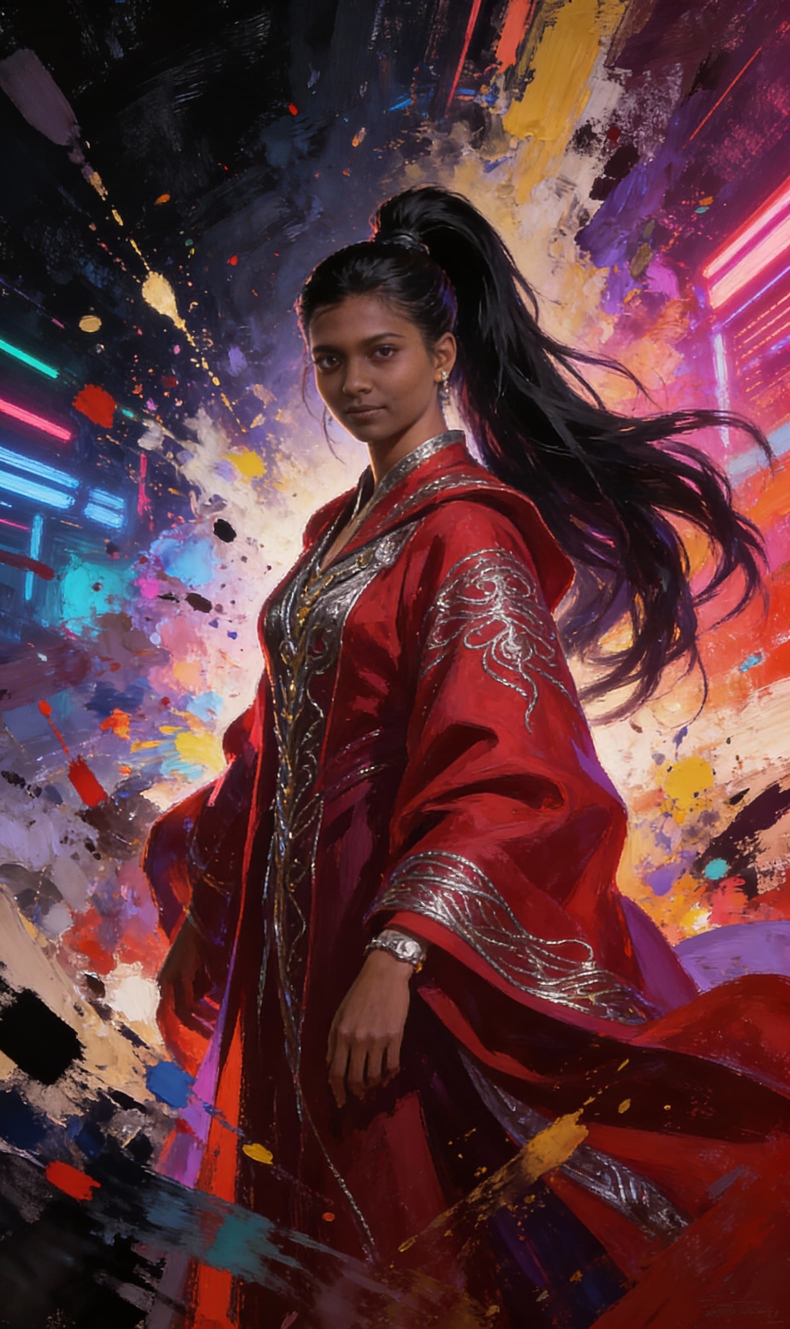 AI generated: A commanding, seductive young empress stands at the center, her long obsidian hair styled in a high,...