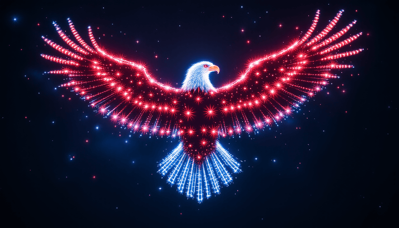 AI generated: 4K, photorealistic image of a 4th of July drone show with the drones in the formation of a huge bald...
