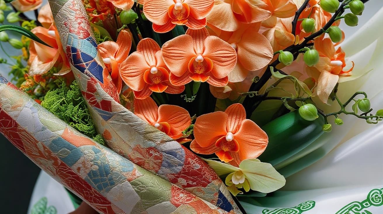 AI generated:  a work of art  in a  glossy satin silk fabric coral color orchid in 3d, each petals are  made of co...