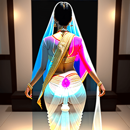AI generated: Bold and gorgeous Indian mother standing on backside wearing shiny white transparent saree which is ...