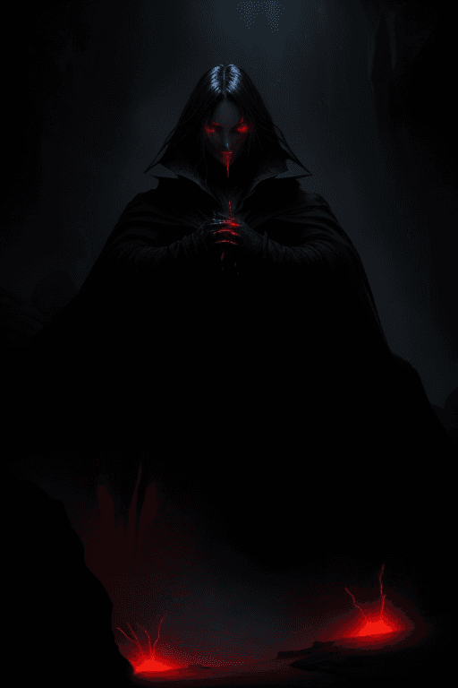 AI generated: breathtaking concept art ((legendary dark mage lord)), black coat. (cave scenery), dark atmosphere, ...