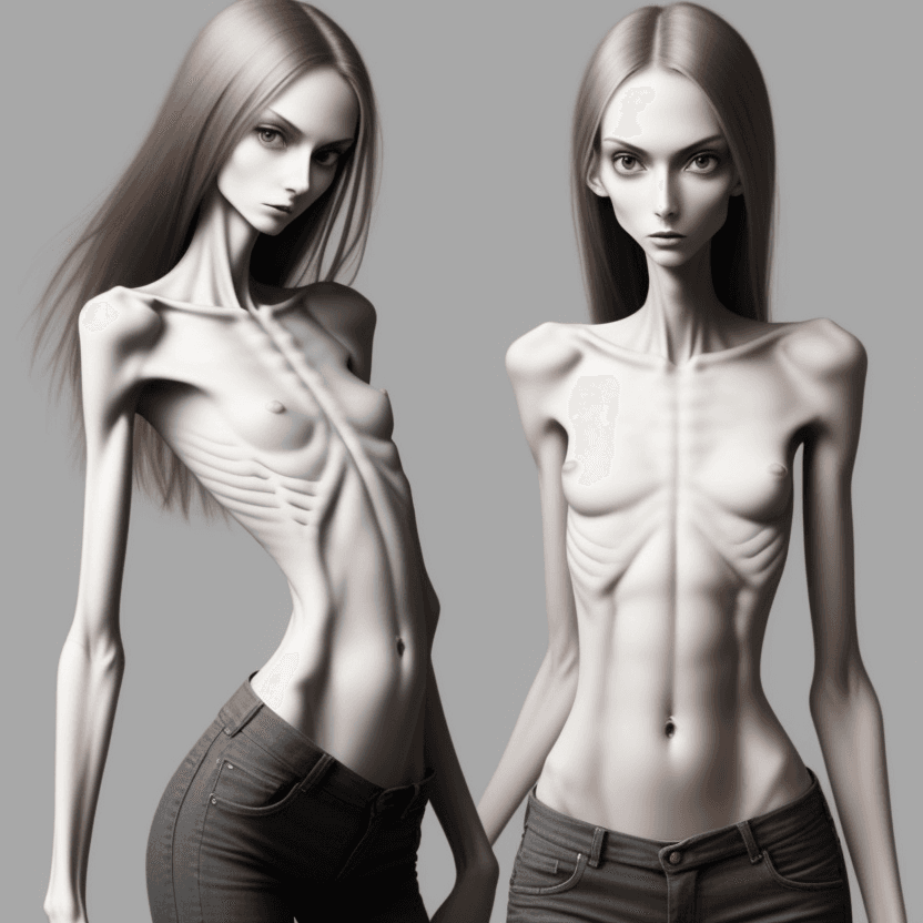 AI generated: extreme beautiful skinny
 slender face of skinny (almost anorexic) girl with a very thin belly
