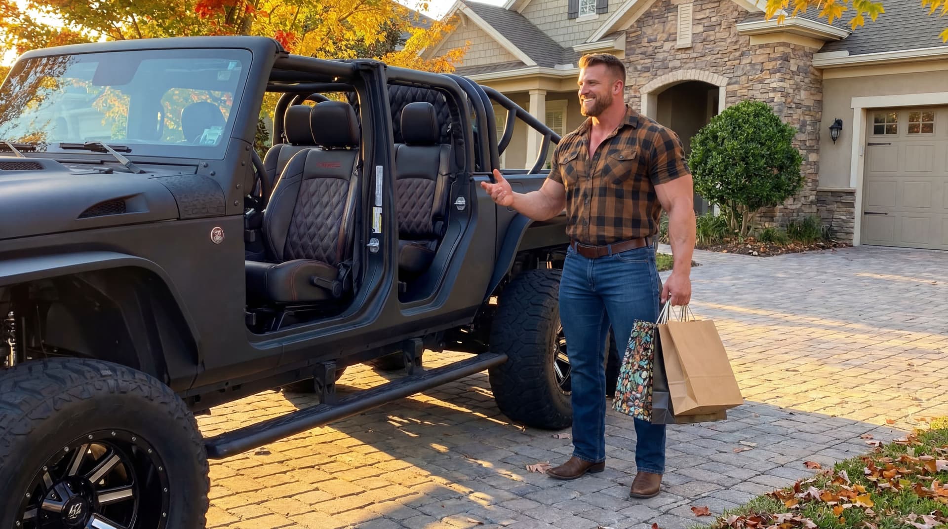 AI generated: The man is next to the Jeep. He remains the same. Adapt the sun light on him.  He is smiling, he is ...