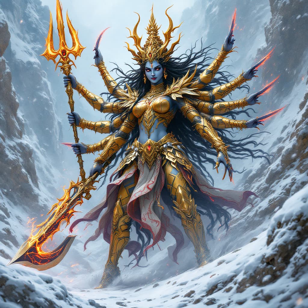 AI generated: "Create an ultra-realistic, full-body portrait of Devi Durga and Lord Shiva, locked in an epic battl...
