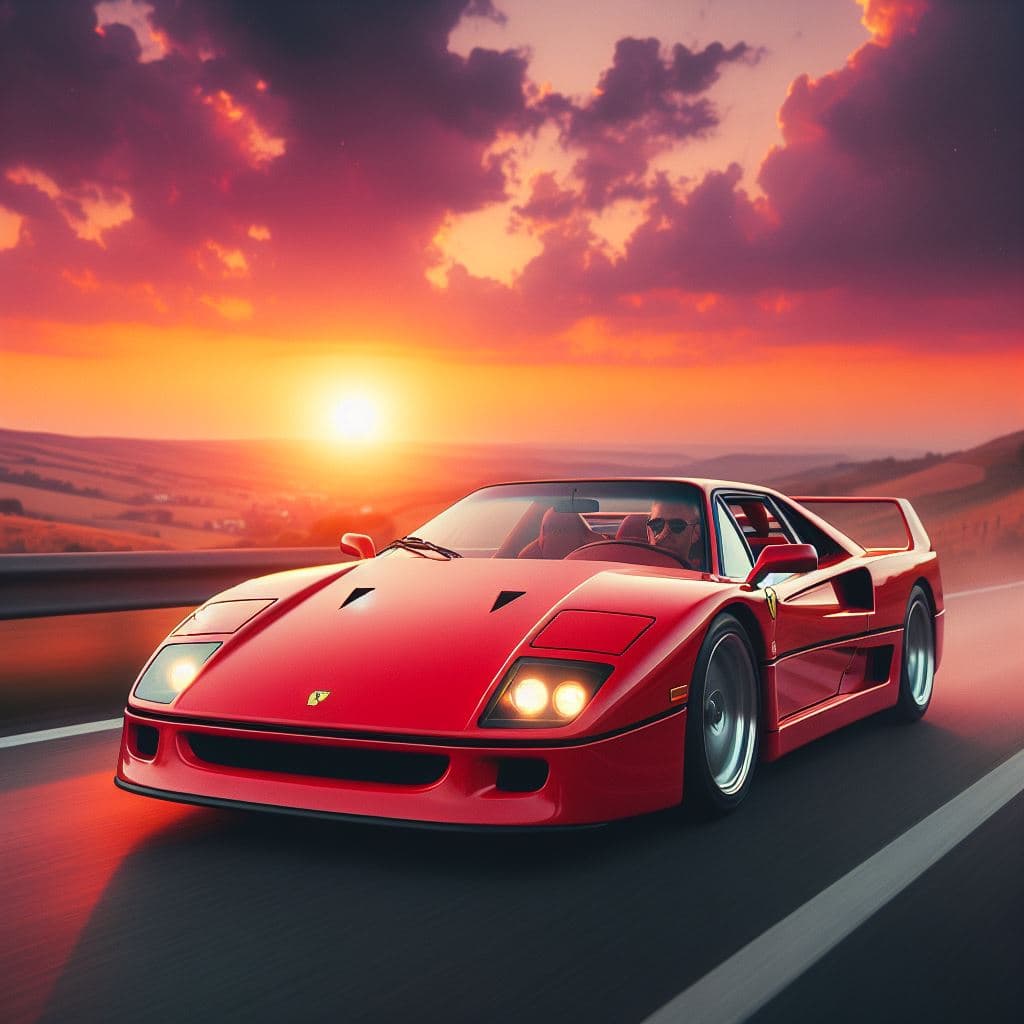 AI generated: ferrari f40 driving into a sunset
