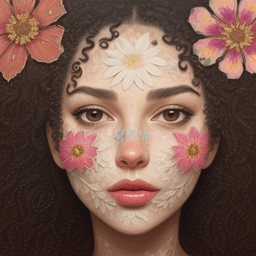 AI generated: detail of beautiful of woman face, flower printed skin, flower patterns on face, stem patterns, flow...