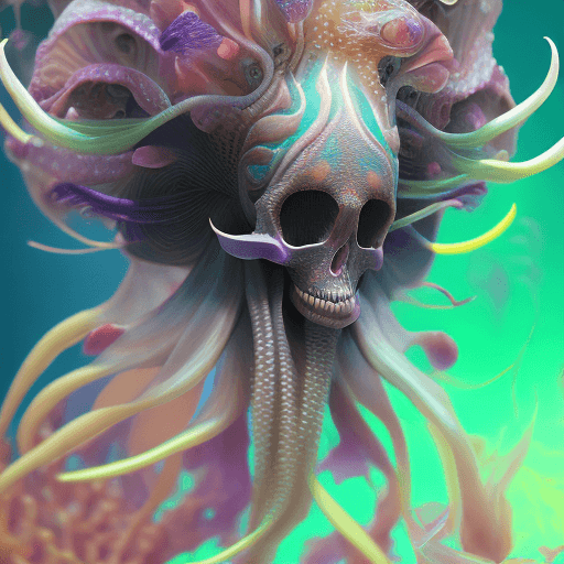 AI generated: Goddess close-up portrait ribcagel. jellyfish phoenix head, nautilus, orchid, skull, betta fish, bio...