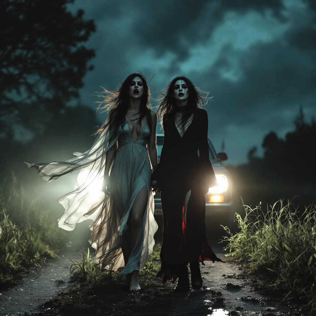 AI generated: two women on a swampy backroad at night, lit only by the headlights of an old car. They stand in fro...