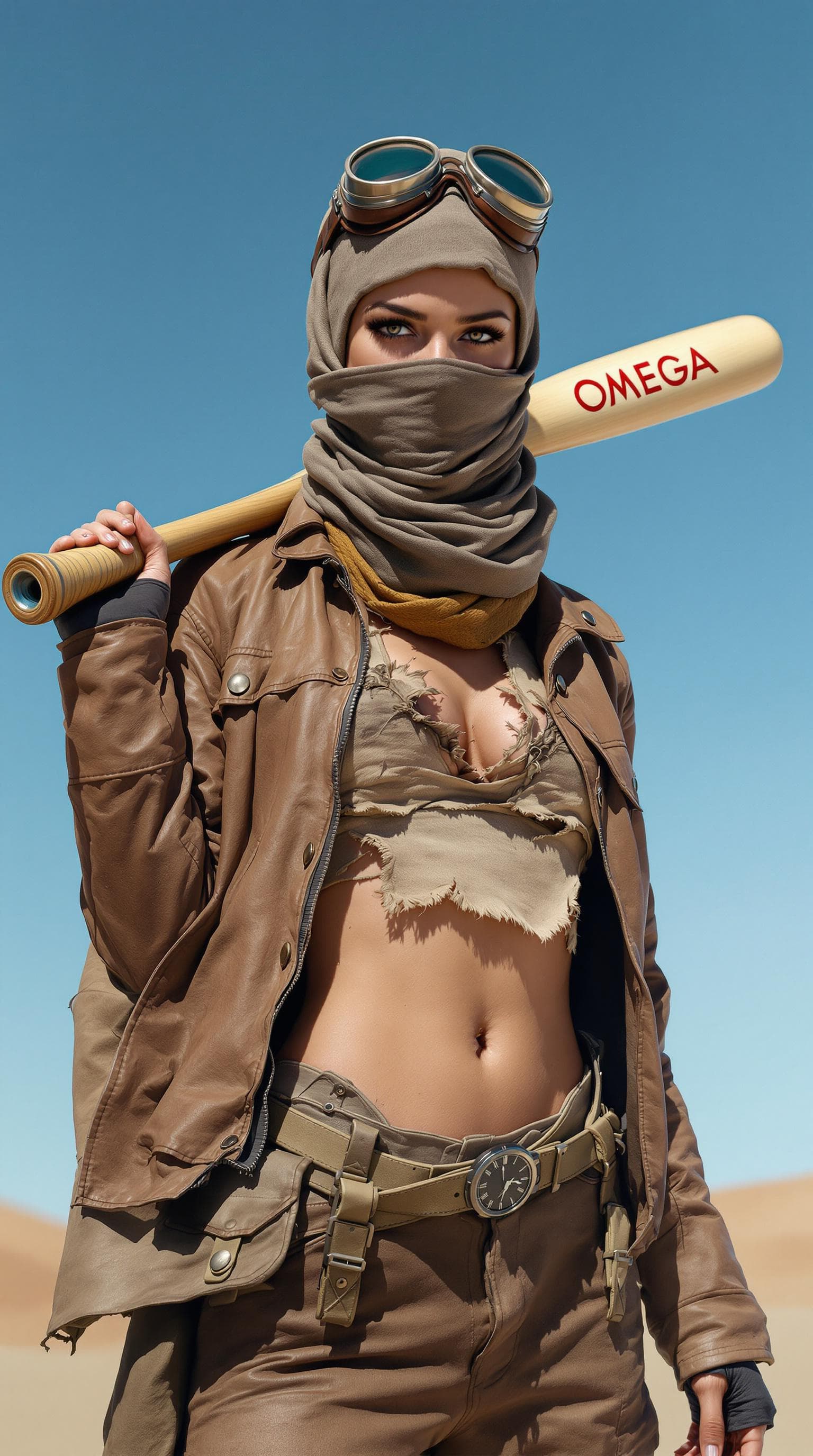 AI generated: The image features a rugged individual standing confidently against a clear blue sky. They are weari...