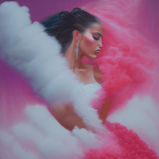 AI generated: portrait of a latina female model wearing pink dress with long hair covered in cloud of smoke, whirl...