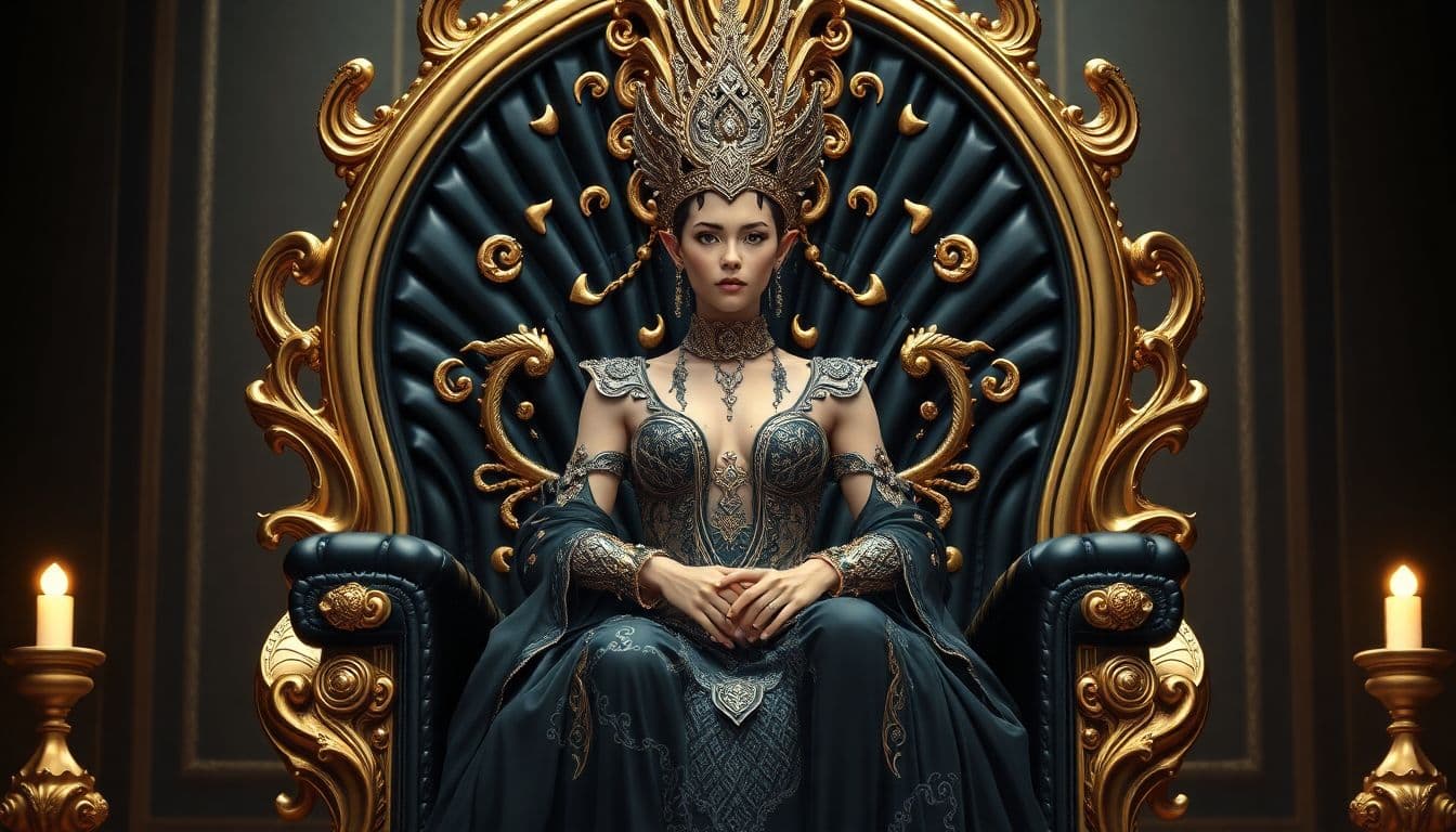 AI generated: A very beautiful queen sitting on a black throne made of gold, with a serpent-dragon like elements a...