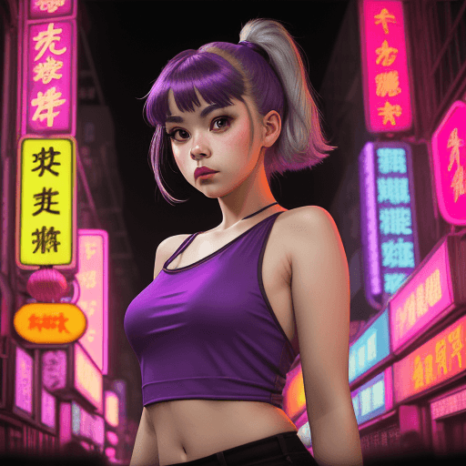 AI generated: a girl in a purple top in a neon city, in the style of chinapunk, iconic album covers, soft-focus po...