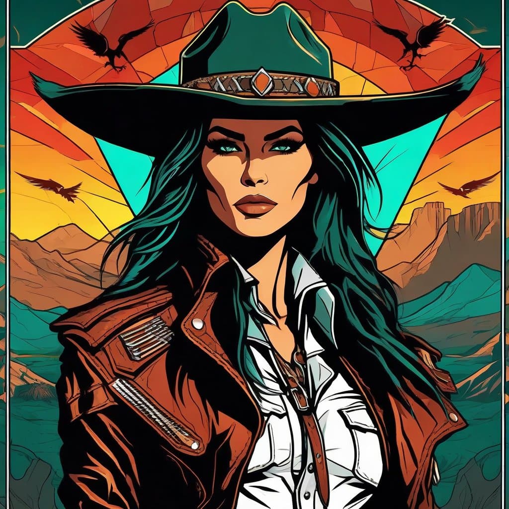 AI generated: A portrait of a western style poster of a native cowgirl, slight cyan/green cast, desert landscapes,...