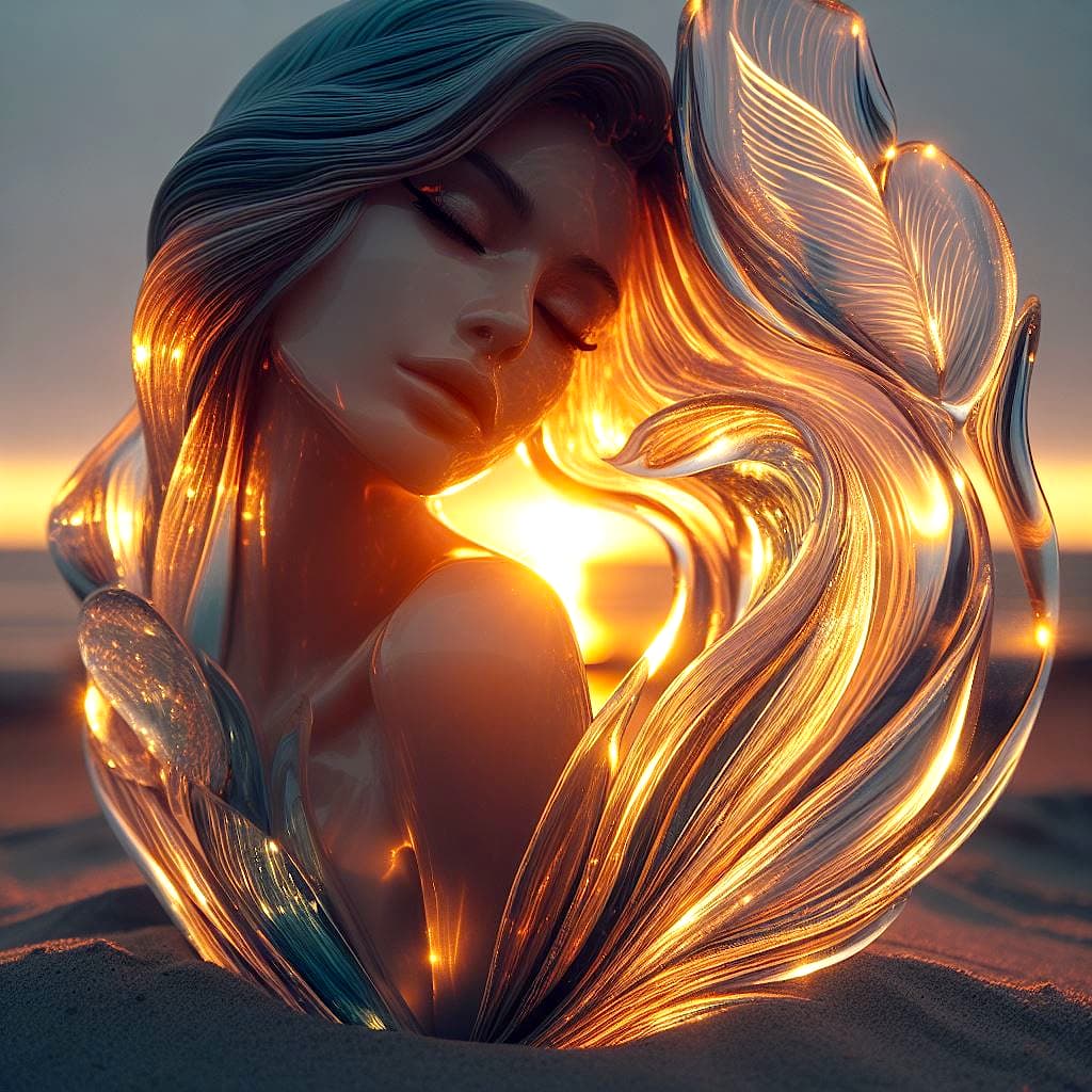 AI generated: Blown glass art of a beautiful woman, 4k, uhd, sunset light coming from behind, on the beach sand
