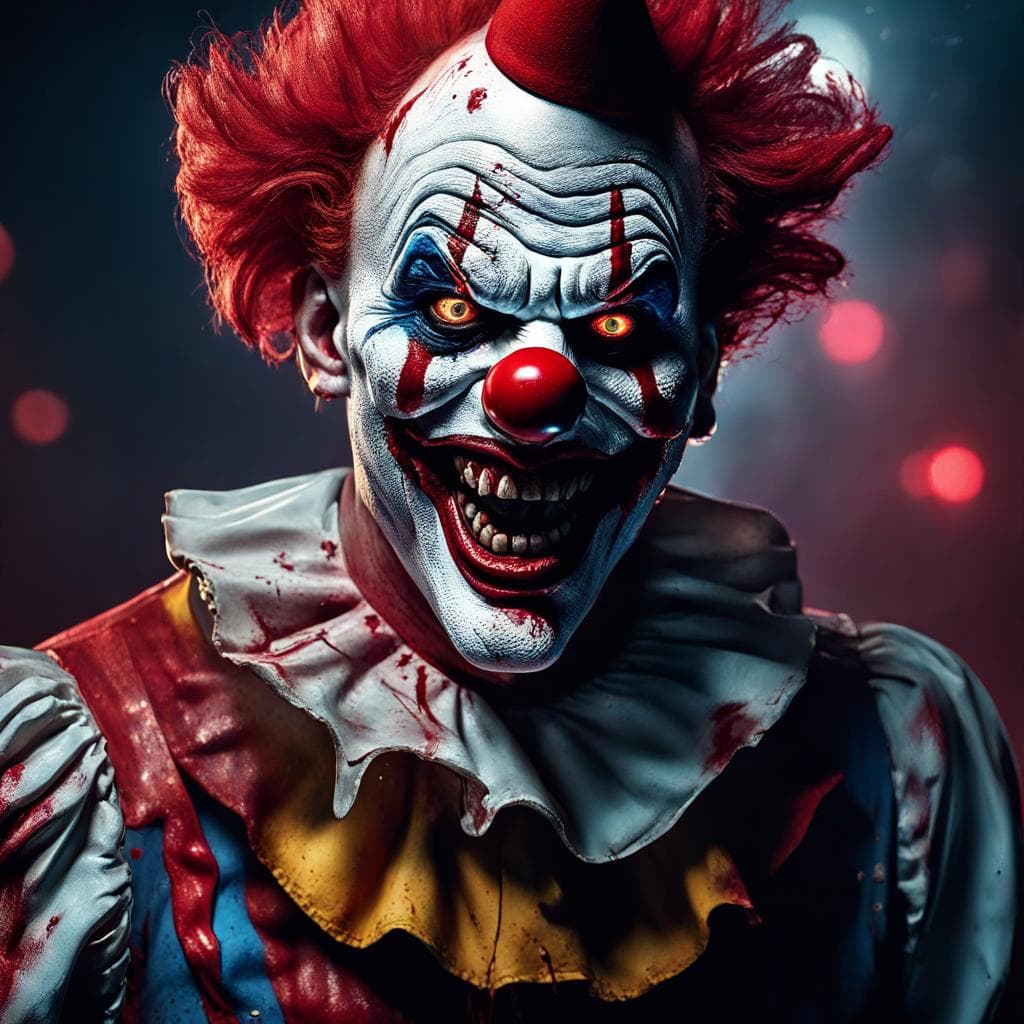 AI generated: a nightmarish appearance of the evil demonic clown, his makeup smeared with fresh paint, full body v...
