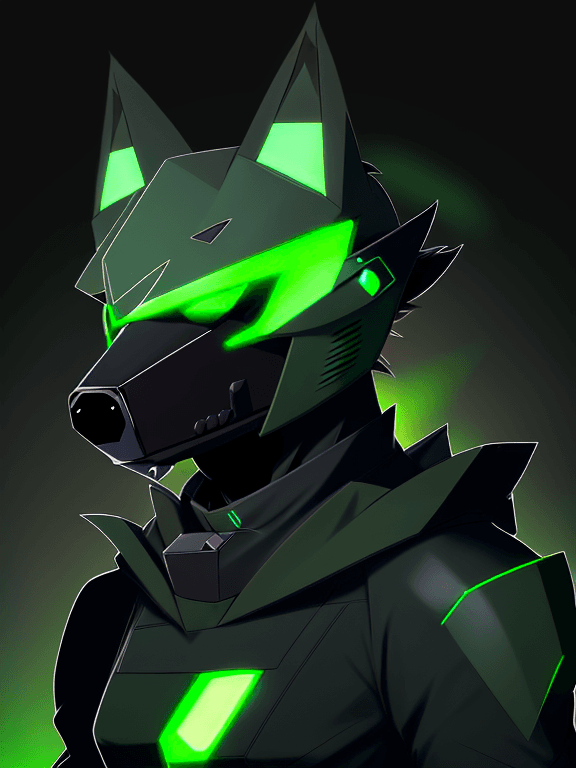 AI generated: mostly green Protogen headshot furry; simple black complete protogen face visor; head and ears furry...