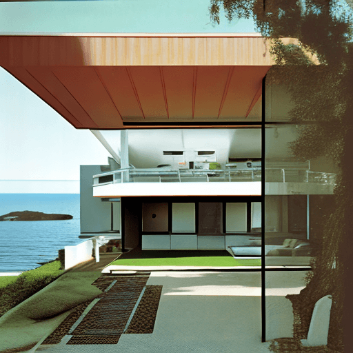 AI generated: Hyper realistic eye level exterior photo of a mid century modern style house overlooking the ocean, ...