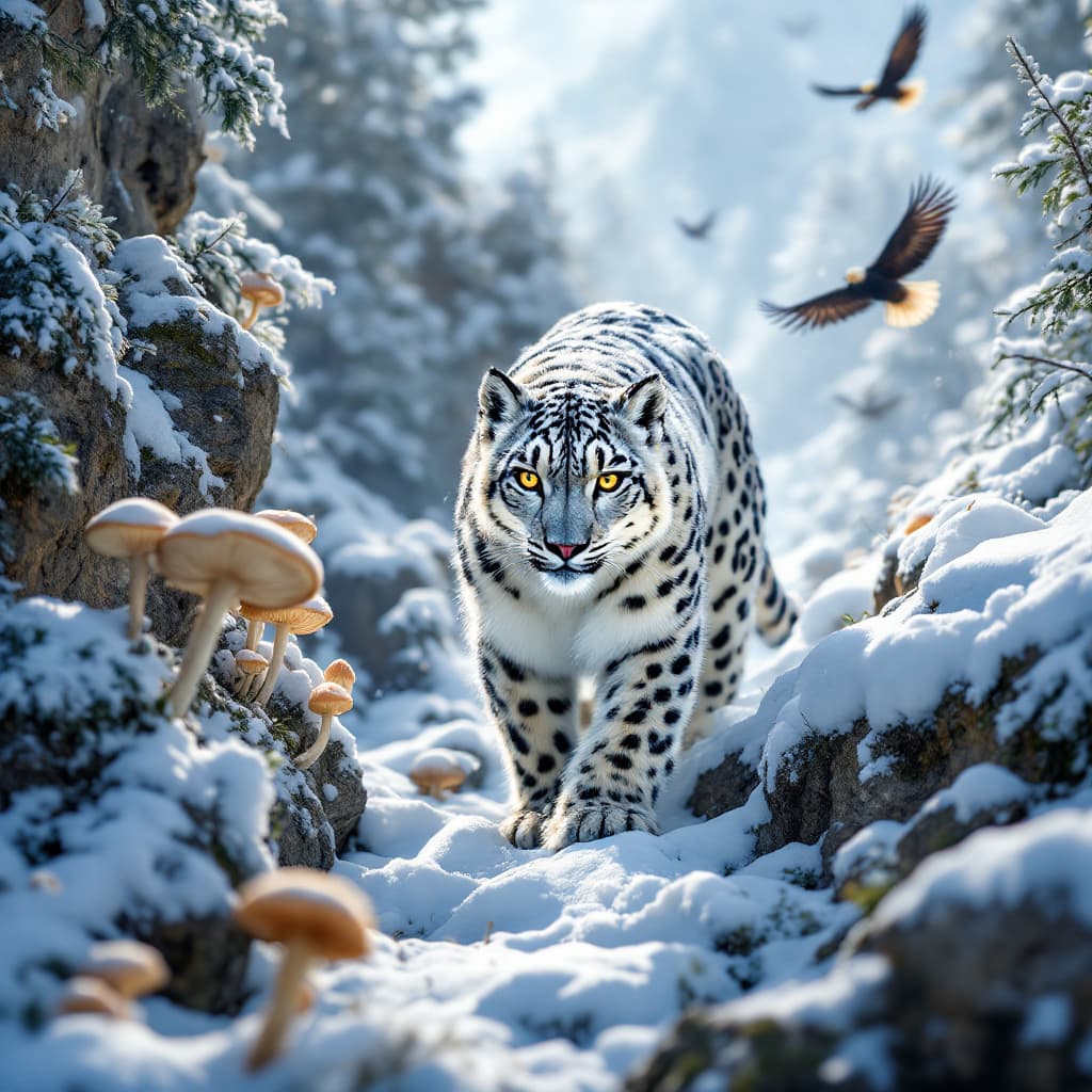 AI generated: National Geographic award winning wildlife medium shot photo of a stalking snow leopard| snowy rocky...