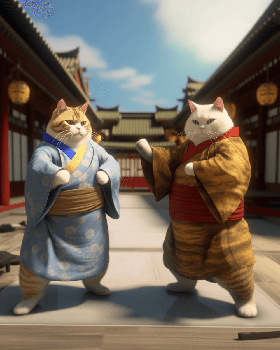 AI generated: Fat cats in kimono, with nunchucks, practicing kung fu, 3d, unreal engine 5, ultrarealistic --v 5.1 ...