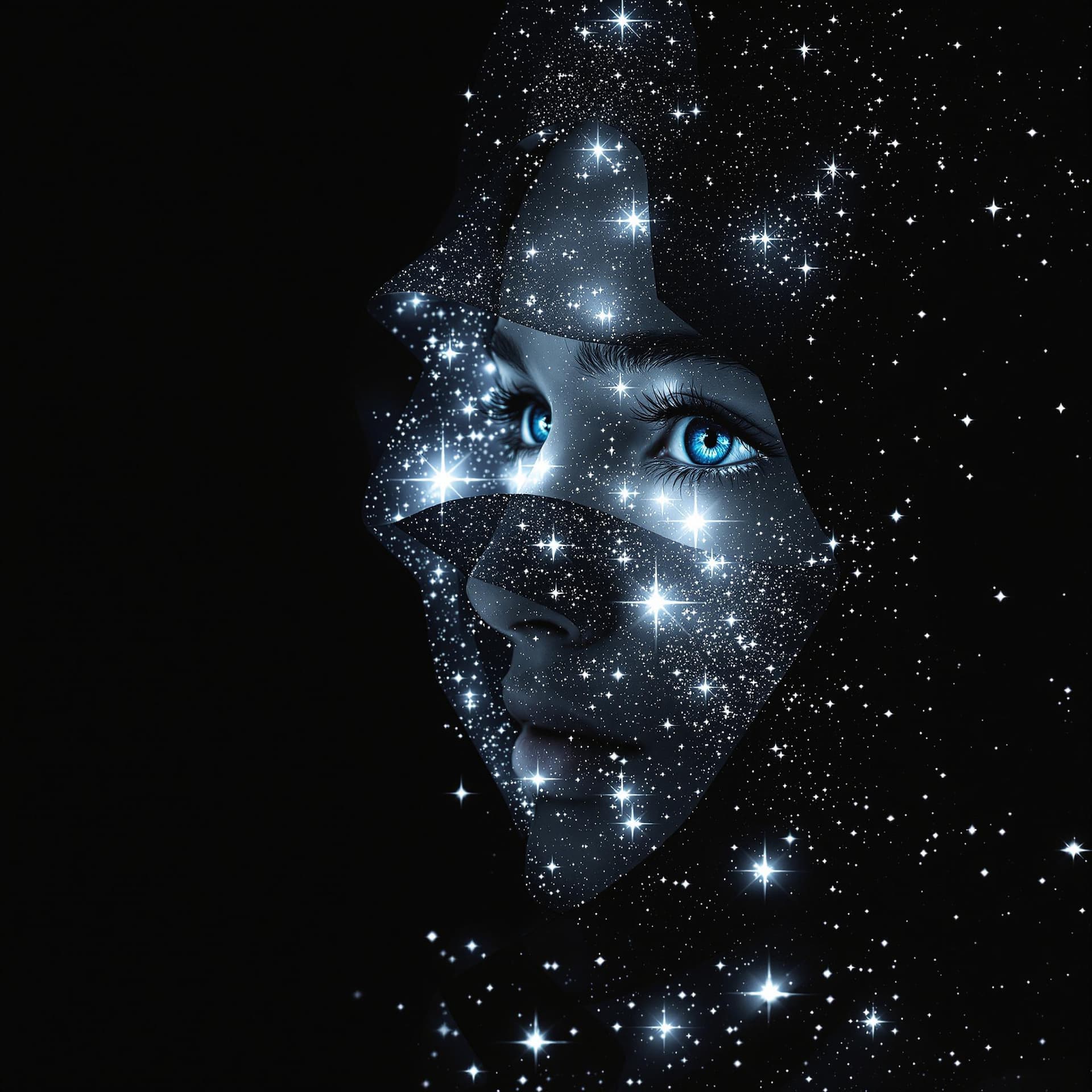AI generated:  a multi-color side image of a person with beautiful blue eyes enveloped in a   mystical shroud-like...