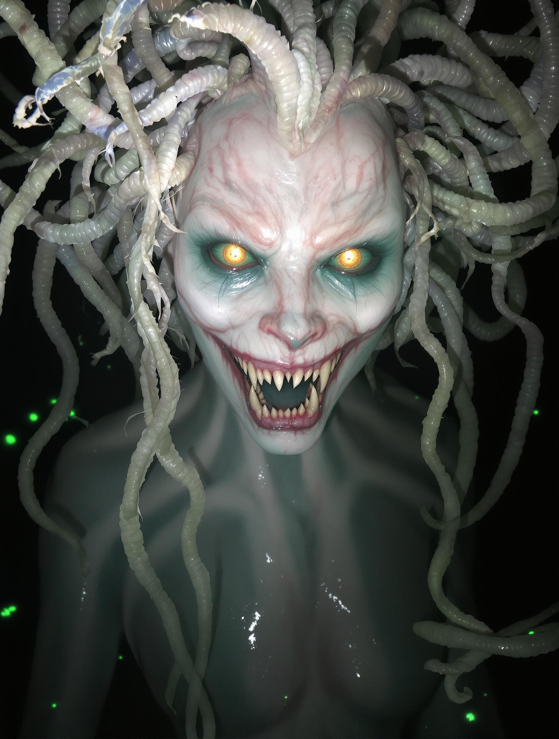 AI generated: A dark fantasy portrait of a deep-sea siren facing the camera. Her long, scaly hair flows like seawe...