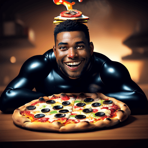 AI generated:  A smiling bald black man in an outfit made of pizza lying on a table, showing his entire body, incl...