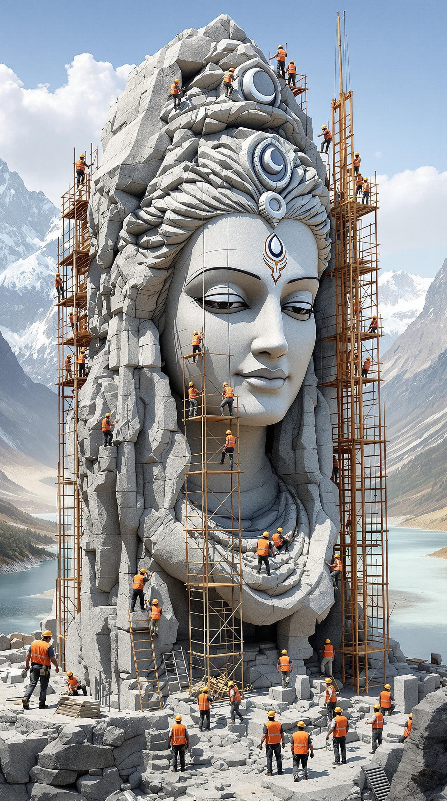 AI generated:  Generate a highly detailed image featuring a group of tiny construction workers building a colossal...
