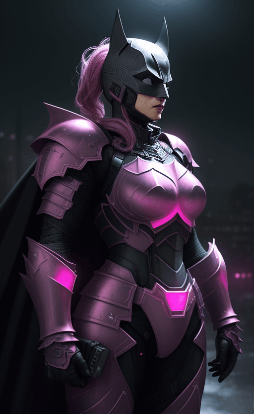 AI generated: a warrior a pink armor based on batman, heavy armored, background is a night city, photorealistic, 8...