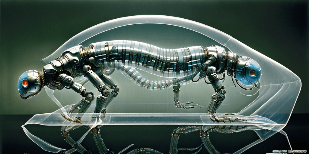 AI generated: a natural light, closeup of a full body cybernetic rococo centipede cyborg, body is clear plastic, i...