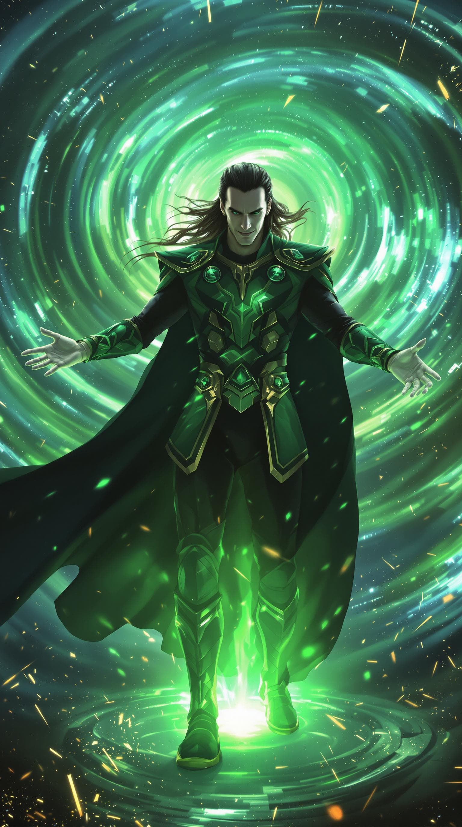 AI generated: First-person POV, Loki’s hands outstretched, fingers tingling with power as he stands at the edge of...