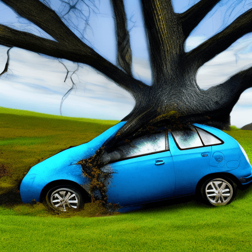 AI generated: blue  car crashing against a tree