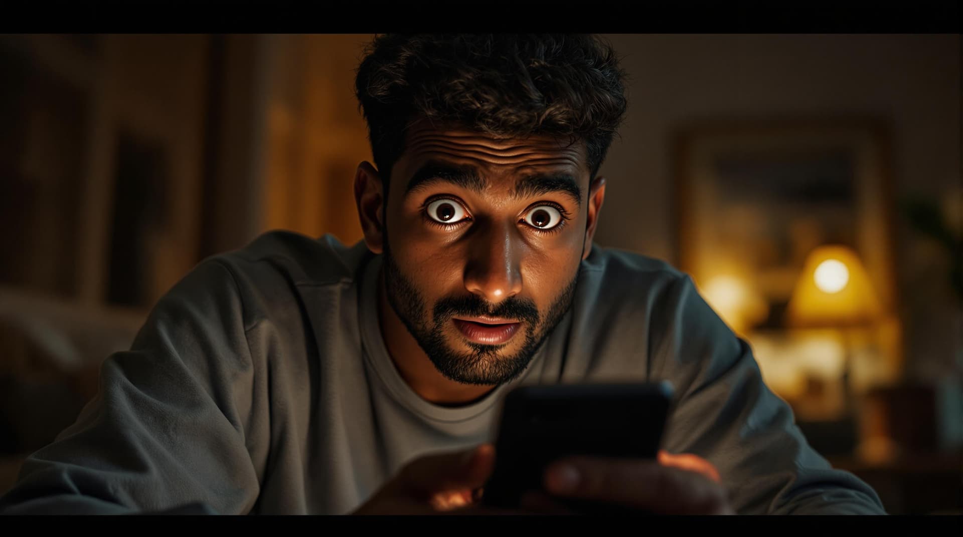 AI generated: (Cinematic UHD, close-up shot of an young Indian man in his late 20s, sitting in dim apartment light...