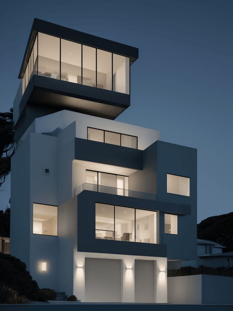AI generated: Hyper realistic eye level exterior photo of a modern style house overlooking the ocean, night time, ...
