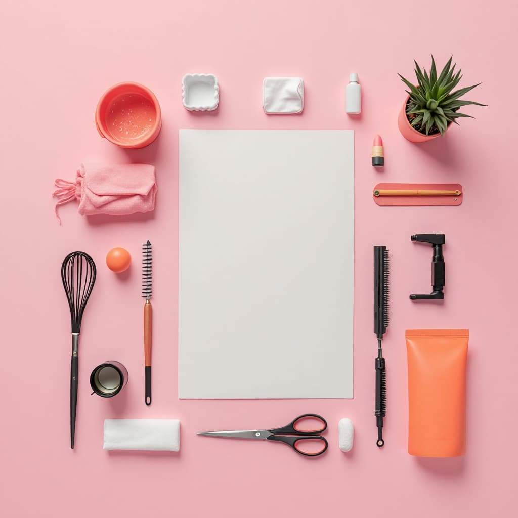 AI generated: a flat lay photography of professional cleaner outfit knolling :: Wes Anderson color palette, studio...