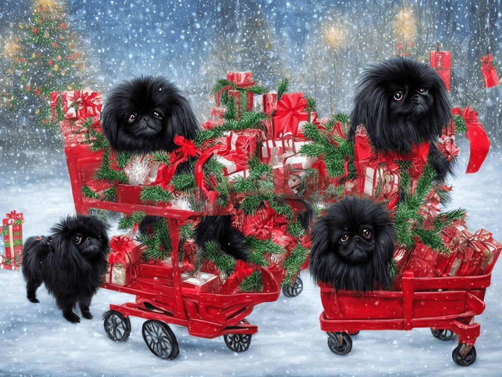 AI generated: fluffy glamorous black pekingese dogs,  fat face, big rounds eyes, long hair on ears, in a snowy woo...