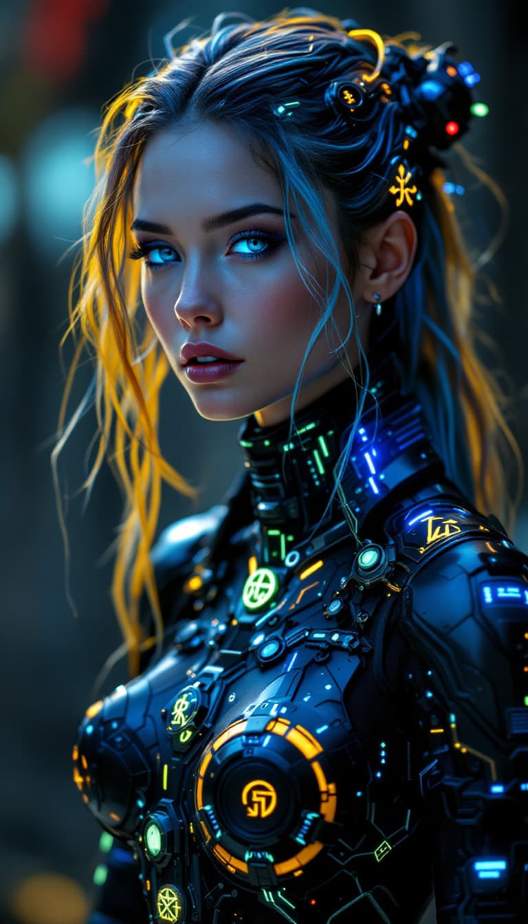 AI generated: An ultra-realistic, full-body portrait of a captivating cyberpunk data sorceress woman, radiating te...