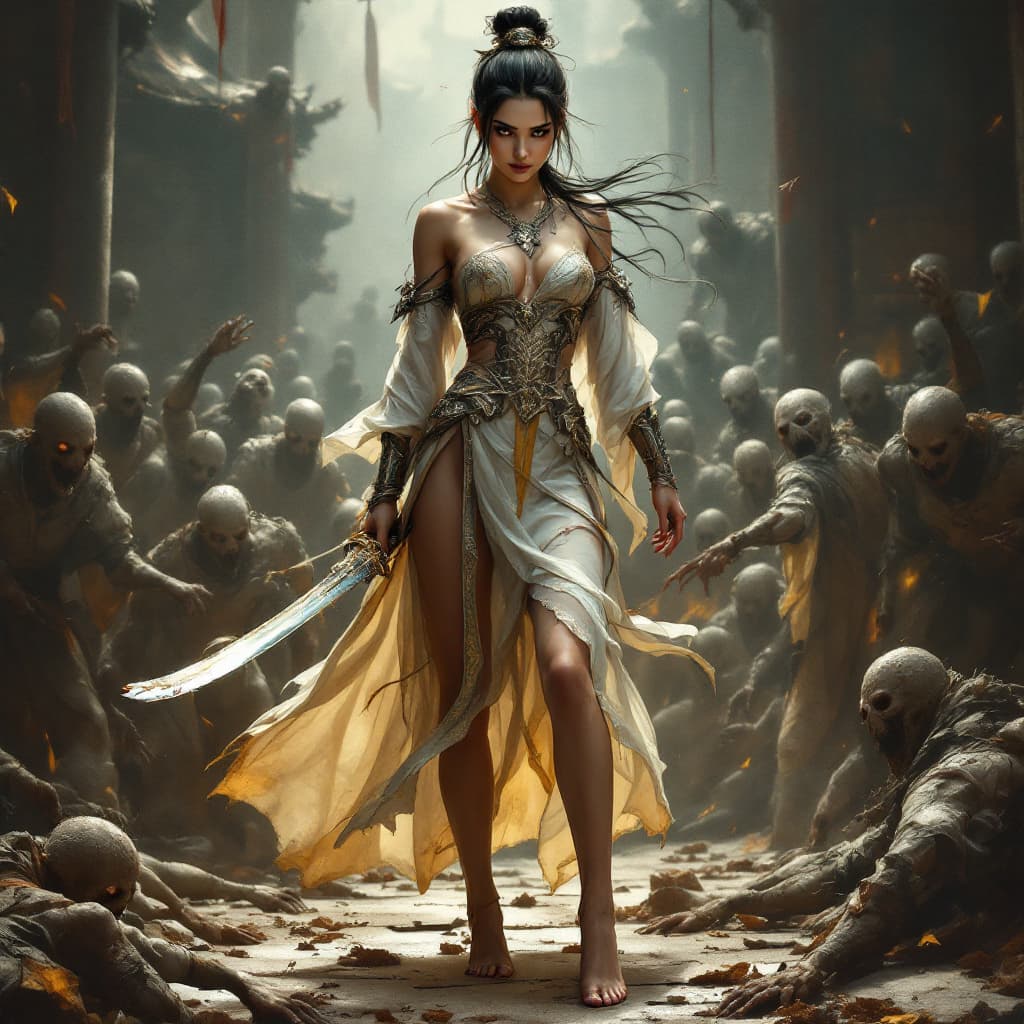 AI generated: Graceful Chinese warrior, Amazon inspiration, barefoot, full body view, focus on perfect feet perfec...