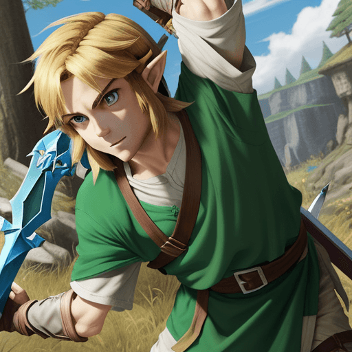AI generated: Link in a war tunic and with a master sword, next to Zelda