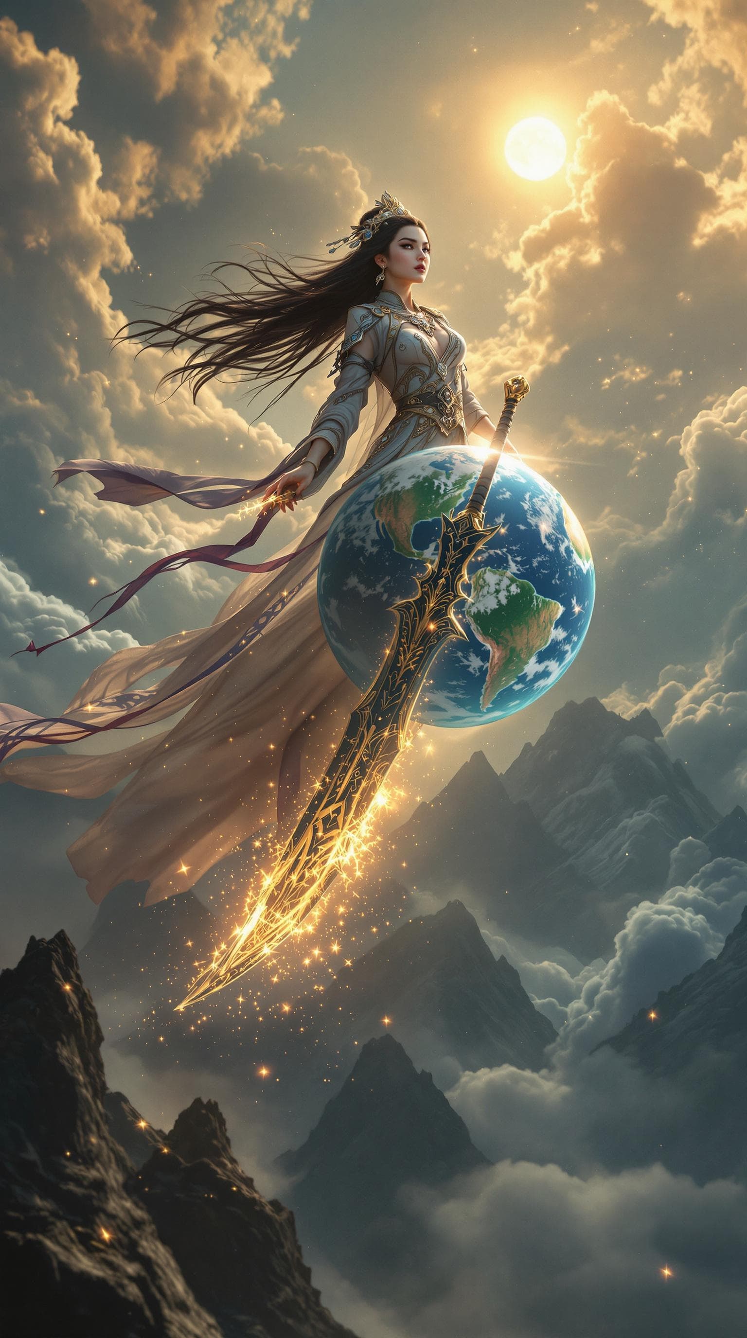 AI generated: An ultra-wide cinematic scene of a fierce and elegant Hmong warrior princess, angel soaring through ...