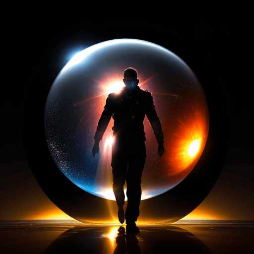 AI generated: hyperrealism art by Craig Mullins, image inside a crystal ball. 3rd person POV silhouette of a man w...