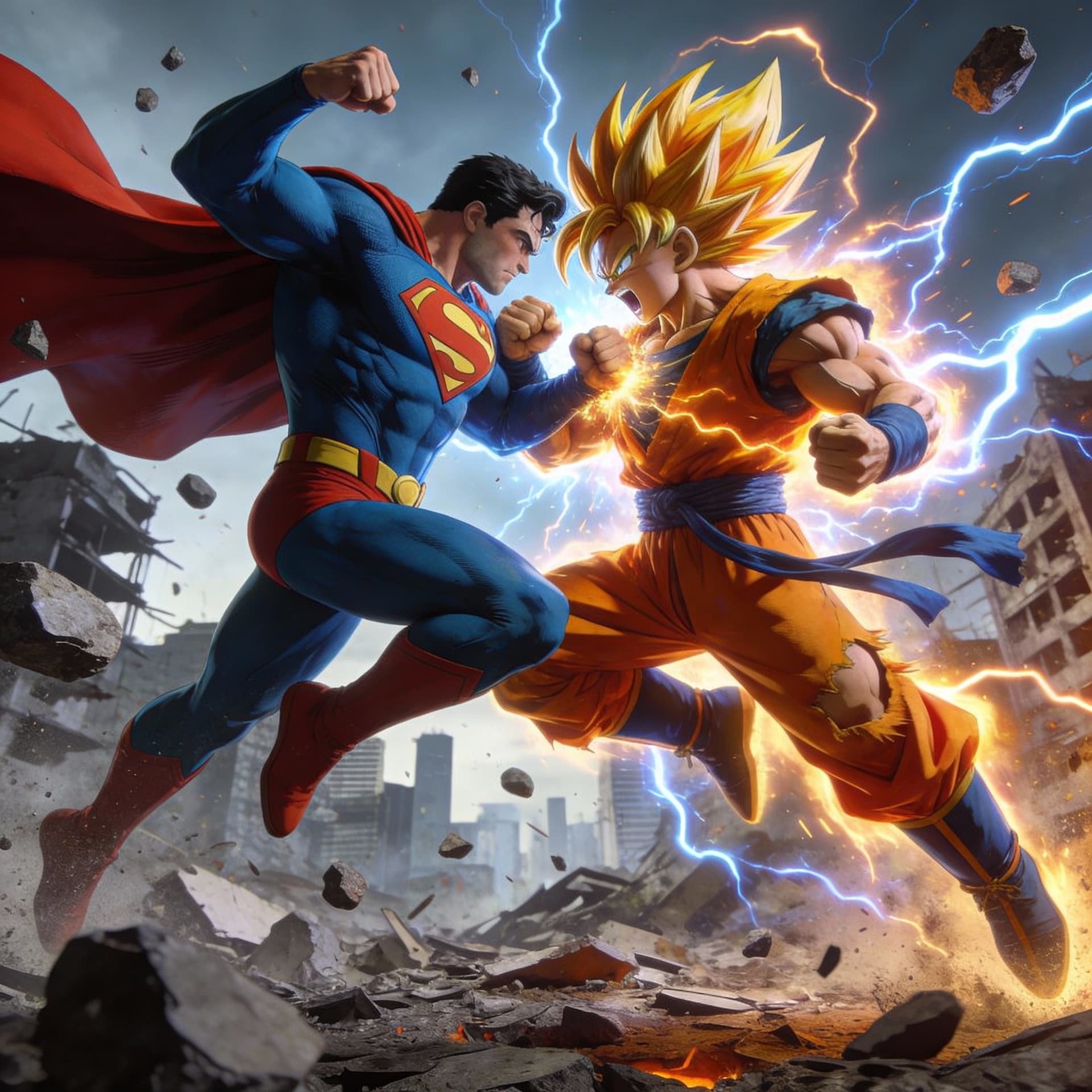 AI generated: full body view of Superman in his classic comic book costume is fighting Goku from dragon ball z, th...
