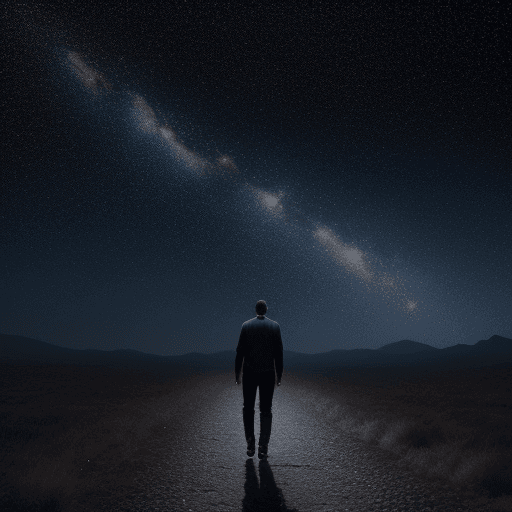 AI generated: HOMBRE CAMINANDO BAJO LAS ESTRELLAS MIRANDO FIJAMENTE HACIA ADELANTE 8K REALISTA