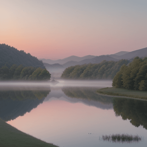 AI generated: Generate an image of a beautiful landscape bathed in the soft glow of dawn. In the foreground, a tra...