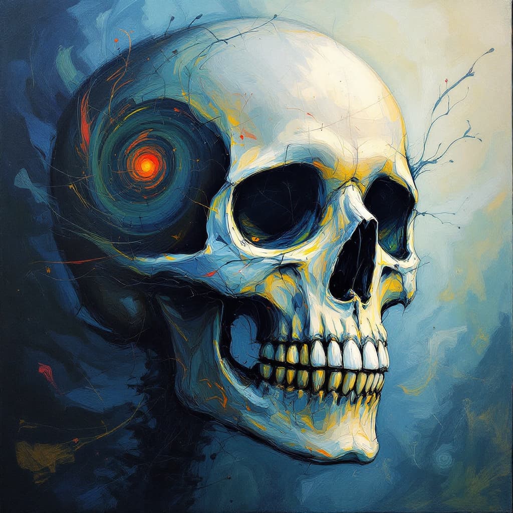 AI generated: A surreal and dreamlike abstract skull painting that appears to be in a state of arrest, as if time ...