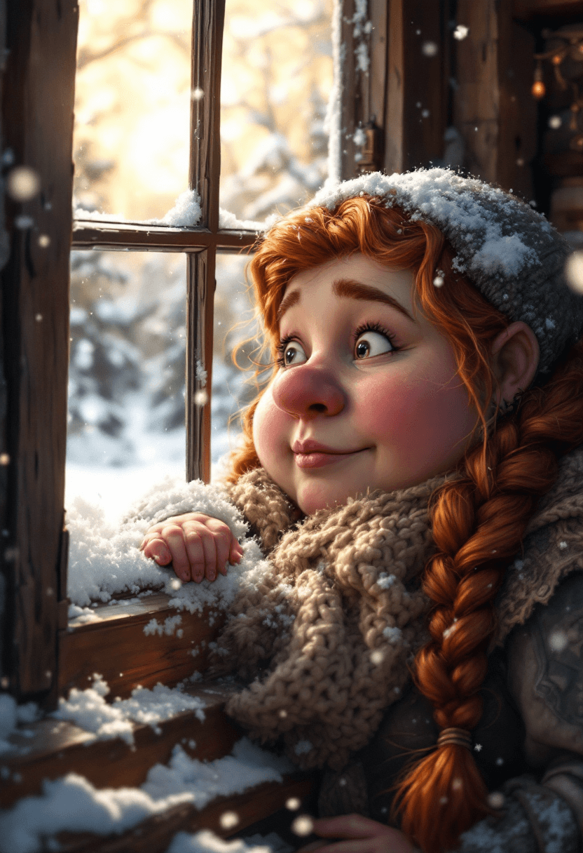AI generated: A cute hearty chubby dwarven woman at her home looking through the window in a snow day, highly deta...