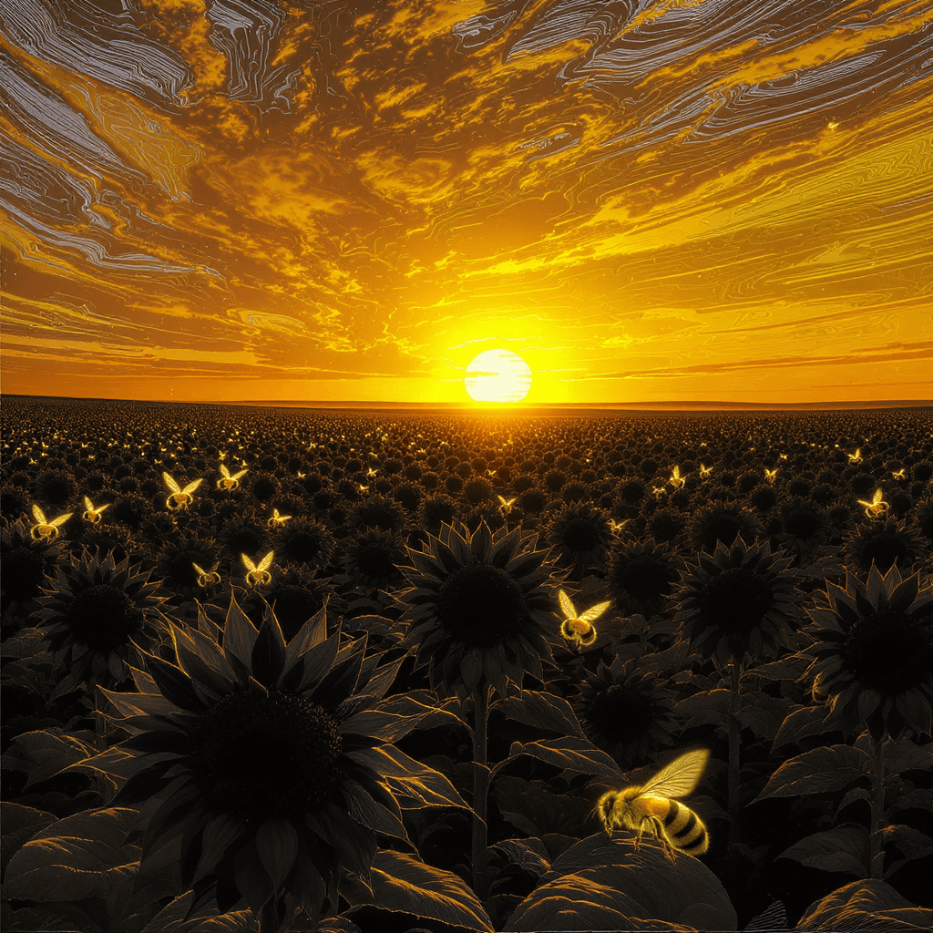 AI generated: "A surreal field of black sunflowers under a glowing yellow sunset, bees with luminous yellow wings ...