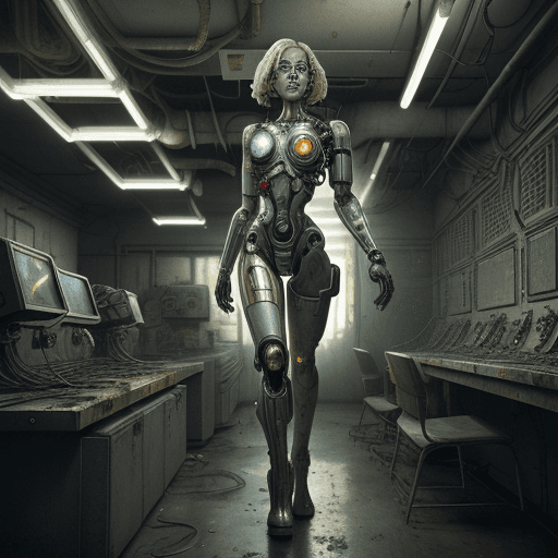 AI generated: Full-body photograph of a (beautiful:1.2) (female:1.2) cyborg, suspended in a worn-out, (cassette-fu...