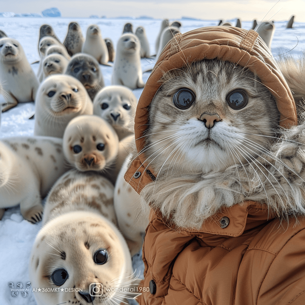 AI generated: In the snow, there is an ice field with many seals standing on it. A real cute baby cat wearing a br...