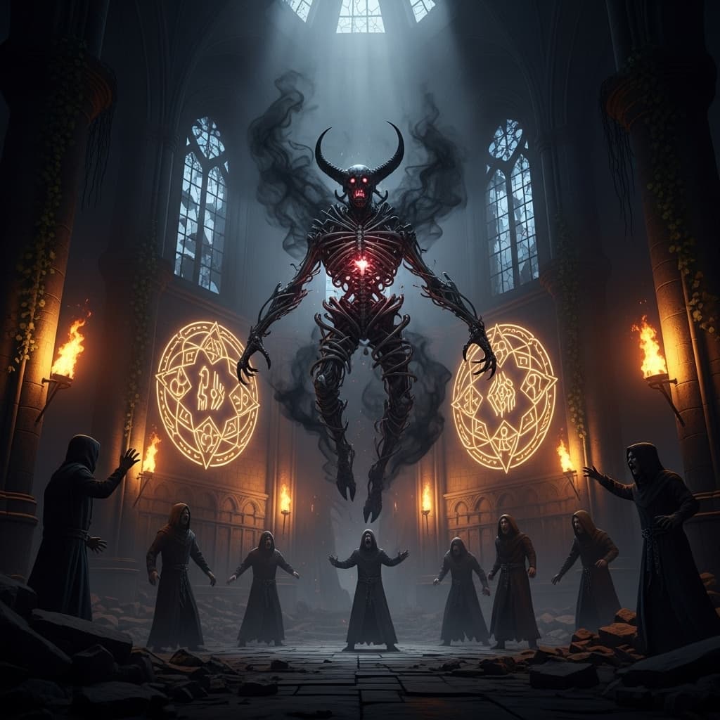 AI generated: 2. Rituel démoniaque (style dark fantasy / occulte)

“Ancient demonic ritual in a forgotten cathed...