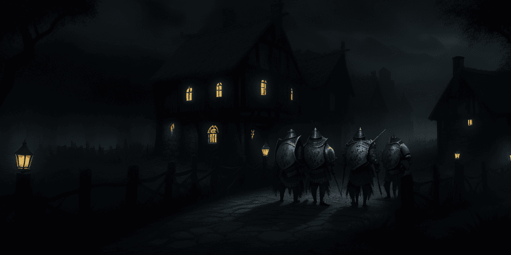 AI generated: distroyed village, dark, scary, dead scary monsters, dark night, team of knights wairing shields loo...